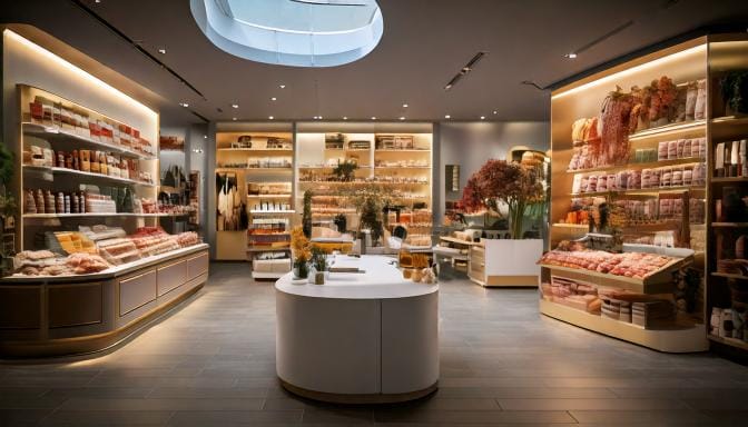 統一感のある内装と商品ディスプレイが印象的なブランド店舗の店内